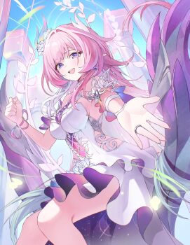 1girl bare_shoulders blue_hair blue_sky bracelet breasts commentary cyrene_(honkai:_star_rail) cyrene_(ripples_of_past_reverie)_(honkai:_star_rail) day diamond-shaped_pupils diamond_(shape) dress feet_out_of_frame fingernails flower gradient_hair hair_flower hair_ornament highres honkai:_star_rail honkai_(series) jewelry large_breasts light_blush long_hair multicolored_hair offering_hand on_swing open_mouth outdoors pink_hair pointy_ears ppot purple_eyes ring sidelocks sky smile solo swing symbol-shaped_pupils very_long_hair white_dress