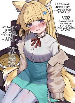 1girl 2na_(blue2na) absurdres animal_ear_fluff animal_ears aqua_skirt arknights blonde_hair blush bra_visible_through_clothes breasts commentary cosplay english_commentary english_text frilled_shirt_collar frills hair_ornament high-waist_skirt highres hondo_kaede long_hair looking_at_viewer medium_breasts nose_blush on_bench pantyhose parted_lips phoebe_(wuthering_waves) picnic_basket purple_eyes shirt shirt_tucked_in simple_background sitting skirt solo suzuran_(arknights) suzuran_(arknights)_(cosplay) suzuran_(spring_praise)_(arknights) tacet_mark_(wuthering_waves) tail very_long_hair voice_actor_connection white_background white_pantyhose white_shirt wuthering_waves x_hair_ornament