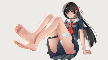 1girl absurdres adapted_costume barefoot black_hair black_serafuku black_shirt black_skirt chisa_(wuthering_waves) commentary_request dongyun_hua feet full_body grey_background hair_ribbon highres long_hair looking_at_viewer mole mole_under_eye neckerchief parted_lips partial_commentary red_eyes red_neckerchief red_ribbon ribbon sailor_collar school_uniform serafuku shirt short_sleeves simple_background skirt smile soles solo toes white_sailor_collar wuthering_waves
