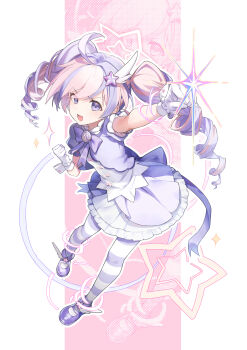 1girl absurdres blue_archive blush clenched_hands drill_hair gloves halo highres jacket kuro11kii long_hair looking_at_viewer magical_girl multicolored_hair off_shoulder official_alternate_costume open_mouth pink_hair pink_halo purple_eyes purple_hair purple_jacket purple_shoes purple_skirt purple_thighhighs reisa_(blue_archive) reisa_(magical)_(blue_archive) shirt shoes short_sleeves sidelocks skirt solo striped_clothes striped_thighhighs thighhighs twin_drills two-tone_hair white_gloves white_shirt