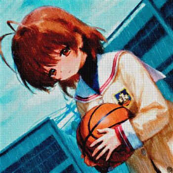 1girl antenna_hair ball basketball_(object) brown_eyes brown_hair clannad day expressionless furukawa_nagisa highres hikarizaka_private_high_school_uniform holding kristianmaksak5 looking_at_object outdoors rain romaji_commentary school_uniform short_hair solo