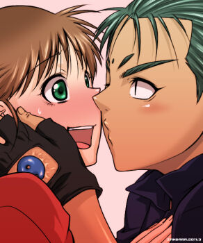10s 1990s_(style) 1boy 1girl 2011 :o bad_id bad_pixiv_id bindi blue_seed blush brown_hair dated fujimiya_momiji green_eyes green_hair imminent_kiss kuroko kusanagi_mamoru magatama surprised tan wink