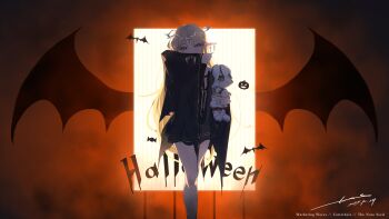 1girl absurdres adapted_costume artist_name black_dress blue_eyes breasts camellya_mascot_(meme) cartethyia_(wuthering_waves) character_name commentary copyright_name costume crown_of_thorns dated doll dress halloween halloween_costume highres holding holding_doll looking_at_viewer meme noto_(noto_1213) parted_bangs signature small_breasts solo tacet_mark_(wuthering_waves) thighs vampire_costume wuthering_waves