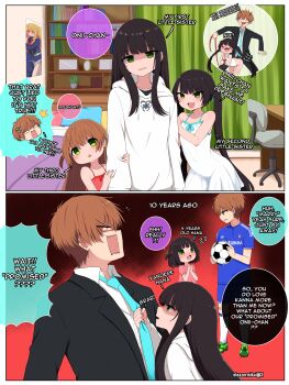 >_< 1boy 2koma 3girls ^^^ absurdres age_comparison aged_down anger_vein aqua_necktie ass ball bare_shoulders bed bedroom bent_over black_hair black_horns black_jacket black_pants black_suit blazer blonde_hair blue_jacket blue_shirt blush bookshelf bottomless bound bound_wrists brother_and_sister brown_hair chair chibi chibi_inset clothes_grab collarbone comic curtains demon_horns desk dot_nose drawstring dress eleazarmikai english_text fang flying_sweatdrops formal_clothes grabbing_another's_arm green_eyes green_shoes hair_tie hana_(eleazarmikai) head_only hetero highres holding holding_ball holding_ribbon hood hoodie horns hoshino_aquamarine hoshino_ruby incest indoors jacket kanna_(eleazarmikai) loli long_hair long_sidelocks long_sleeves meme mesugaki mirror multiple_girls nana_(eleazarmikai) necktie necktie_grab neckwear_grab nose_blush one_side_up onii-chan_(eleazarmikai) open_mouth original oshi_no_ko own_hands_together pants pillow pink_shirt plant plap_plap_plap_get_pregnant_(meme) pointy_ears poster_(object) potted_plant red_dress red_ribbon ribbon school_uniform sex sex_from_behind shaded_face sharp_teeth shirt shoes short_hair siblings sidelocks sideways_mouth sisters skin_fang skirt soccer_ball soccer_uniform socks spaghetti_strap sportswear suit sundress swivel_chair tearing_up teeth tongue tongue_out twincest twins twintails upper_teeth_only very_long_hair white_dress white_hoodie white_shirt white_skirt white_socks yandere youtou_high_school_uniform
