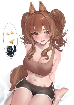1girl 1other absurdres alternate_costume angelina_(arknights) animal_ears arknights arm_behind_back bare_shoulders barefoot bikini black_coat black_shorts blush bra breasts brown_bra brown_hair cleavage coat commentary doctor_(arknights) dolphin_shorts dot_nose embarrassed english_commentary fox_ears fox_girl fox_tail gold_bikini hair_intakes highres hood hood_up hooded_coat large_breasts long_hair looking_at_viewer micro_shorts midriff mkrk_mikaerukung navel open_mouth orange_eyes pink_nails short_shorts shorts sidelocks simple_background sitting solo_focus sports_bra stomach swimsuit tail thigh_gap thighs twintails underwear wariza wavy_hair white_background