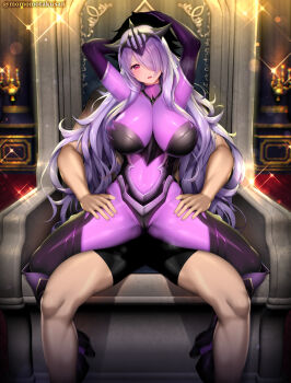 1boy 1girl arms_up black_shorts blush bodysuit breasts cameltoe camilla_(fire_emblem) camilla_(light_of_nohr)_(fire_emblem) camilla_(light_of_nohr)_(resplendent)_(fire_emblem) candle elbow_gloves fire_emblem fire_emblem_fates fire_emblem_heroes gloves hair_over_one_eye highres impossible_bodysuit impossible_clothes kashiwamochi_yomogi large_breasts long_hair navel nintendo official_alternate_costume open_mouth parted_lips pink_eyes purple_bodysuit purple_eyes purple_gloves purple_hair shorts sitting sitting_on_throne skin_tight sparkle throne tiara very_long_hair wavy_hair