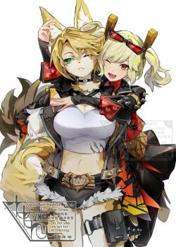 2girls animal_ears black_jacket black_skirt black_thighhighs blonde_hair breasts burnice_white cat_ears cat_girl cat_tail commentary_request eyewear_on_head furry green_eyes jacket large_breasts looking_at_viewer midriff multiple_girls one_eye_closed open_mouth pleated_skirt pulchra_fellini red_eyes shirt short_twintails skirt sunglasses tail thighhighs to_te_na twintails watermark white_shirt zenless_zone_zero