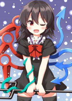 1girl ;d asymmetrical_wings black_dress black_hair black_thighhighs blue_wings blush bow bowtie center_frills commentary_request cowboy_shot dress frills gradient_background highres holding holding_polearm holding_weapon houjuu_nue looking_at_viewer one_eye_closed open_mouth polearm purple_background red_bow red_bowtie red_eyes red_wings ruu_(tksymkw) short_dress short_hair short_sleeves smile solo thighhighs touhou trident weapon wings