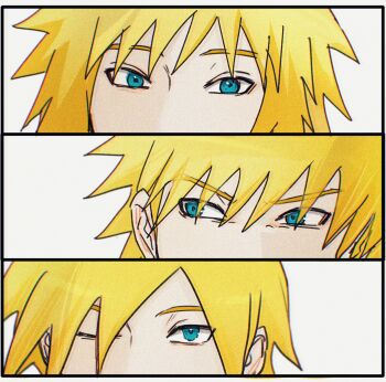 3boys blonde_hair blue_eyes boruto:_two_blue_vortex film_grain highres looking_to_the_side male_focus multiple_boys namikaze_minato naruto_(series) naruto_shippuuden notane_n one_eye_closed uzumaki_boruto uzumaki_naruto