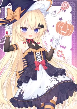 1girl animal_ears arm_garter armpits arms_up back_bow bat_hair_ornament blonde_hair blue_dress blue_eyes blue_hat blush border bow breasts cat_ears clothing_cutout cowboy_shot detached_sleeves diamond_cutout dress fang frilled_dress frilled_garter frills gloves hair_bow hair_ornament halloween_costume halter_dress halterneck hat highres imyme12 index_finger_raised loli long_hair neck_ribbon open_mouth orange_bow orange_garter orange_thighhighs original outline pumpkin purple_border red_bow red_ribbon ribbon skin_fang skirt small_breasts smile striped_bow striped_clothes striped_thighhighs thighhighs white_gloves white_outline white_skirt witch_hat