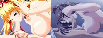 2boys 2girls adjusting_hair animated animated_gif blonde_hair blue_eyes blush breast_press breasts brown_hair censored choker collarbone comparison eguchi_miki erection fellalympic! fellatio from_side game_cg girl_on_top hair_ribbon hetero highres indoors large_breasts long_hair looping_animation lucha! mature_female mosaic_censoring multiple_boys multiple_girls nipples nude oral penis penis_grab pinky_out pressing profile red_eyes ribbon sagara-san'chi_no_etsuraku_life sagara_family sagara_maria saliva side-by-side solo_focus split_screen sweat third-party_edit topless_female tucking_hair twintails uncensored upper_body zyx