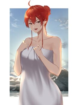 Rule 34 | 1girl, absurdres, ahoge, alternate hairstyle, bare shoulders, border, collarbone, commentary request, cowboy shot, day, eris greyrat, hair between eyes, hair bun, highres, looking at viewer, mushoku tensei, naked towel, onsen, open mouth, outdoors, outside border, red eyes, red hair, rock, short hair with long locks, sky, solo, towel, water, white border, yuasobi871