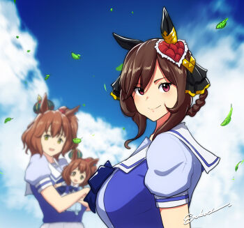 2girls animal_ears artist_name aston_machan_(umamusume) blue_sky bow braid braided_hair_rings crown doll ear_covers ear_ornament erkaz from_side gentildonna_(umamusume) hair_rings heart-shaped_ornament heart_ear_ornament highres holding holding_doll horse_ears horse_girl leaf looking_at_viewer medium_hair mini_crown multiple_girls one_side_up puffy_short_sleeves puffy_sleeves purple_bow purple_serafuku purple_shirt school_uniform serafuku shirt short_sleeves single_ear_cover sky smile tilted_headwear tracen_school_uniform umamusume