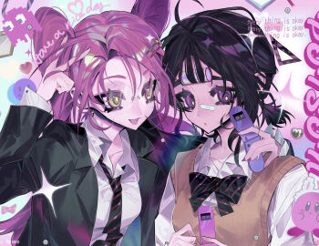 Rule 34 | 2girls, absurdres, alien stage, arm around shoulder, bandaid, bandaid on face, bandaid on nose, black hair, black jacket, blinky (pac-man), bow, bowtie, brown sweater vest, cellphone, cellphone charm, charm (object), collared shirt, commentary, diagonal-striped bow, diagonal-striped bowtie, diagonal-striped clothes, diagonal-striped necktie, english text, flip phone, glasses, hair ornament, hairband, hairclip, heart, highres, holding, holding phone, jacket, kirby, kirby (series), long hair, long sleeves, low ponytail, mizi (alien stage), multiple girls, necktie, nintendo, official alternate costume, open mouth, pac-man (game), phone, pink hair, ponytail, purple eyes, rimless eyewear, round eyewear, shirt, smile, striped bow, striped bowtie, striped clothes, sua (alien stage), sweater vest, symbol-only commentary, taowu (20809), tassel, triangle, twintails, upper body, v, white shirt, yellow eyes