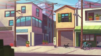 Rule 34 | alley, animal, bicycle, black cat, building, bush, cat, day, lamppost, little kitty big city, no humans, open window shutter, outdoors, plant, potted plant, power lines, railing, scenery, shadow, sidewalk, sign, sunlight, town, utility pole, variant set, walking, window, zandra