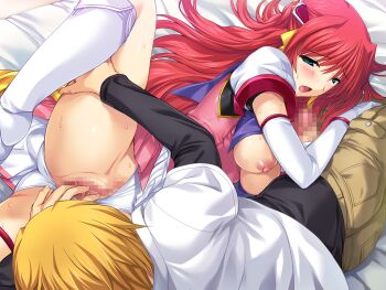 1boy 1girl 69 bed bed_sheet blonde_hair blue_eyes blush boots breasts breasts_out censored choukou_(alicesoft) choukou_tenshi_escalayer clothing_aside elbow_gloves escalayer fingering game_cg gloves hetero knee_boots kouenji_sayuka large_breasts large_variant_set leg_lift leg_up long_hair lying magical_girl mosaic_censoring nipples non-web_source official_art on_side onigirikun open_clothes open_mouth oral pants penis pleated_skirt pussy pussy_juice red_hair shirt skirt spread_legs sweat underwear variant_set very_long_hair white_gloves yanase_kyouhei