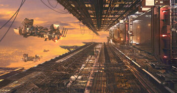 aircraft cable city cloud commentary_request flying glowing machine no_humans original outdoors scenery science_fiction yakkunn