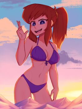 1girl a_hat_in_time absurdres aged_up bikini blue_eyes breasts brown_hair cloud collarbone commentary cowboy_shot english_commentary hair_tie hat_kid highres looking_at_viewer navel open_mouth outdoors ponytail purple_bikini sidelocks smile solo swimsuit teeth upper_teeth_only xyronii