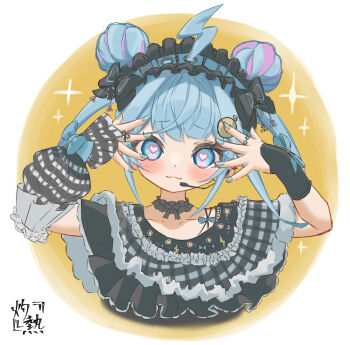 1girl ahoge blue_eyes blue_hair blue_nails boboboburning cropped_torso double_bun frilled_hairband frills hair_bun hairband headset heart heart-shaped_pupils highres hololive hololive_dev_is lightning_ahoge mizumiya_su mizumiya_su_(flowglow_uniform) signature sparkle symbol-shaped_pupils virtual_youtuber
