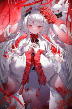 1girl absurdres angel angel_wings blush bow closed_mouth flower hair_bow hair_flower hair_ornament halo headdress highres japanese_clothes kimono long_hair long_sleeves looking_at_viewer original red_eyes red_kimono shirt smile solo twintails very_long_hair white_shirt wings y_o_u_k_a
