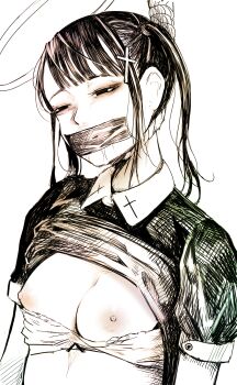 1girl absurdres bra bra_pull breasts clothes_lift clothes_pull commentary_request cross_hair_ornament disorder! gag hair_ornament halo hanged highres improvised_gag medium_breasts medium_hair nipples original rope shirt_lift short_sleeves sidelocks simple_background solo tape tape_gag twintails underwear upper_body white_background