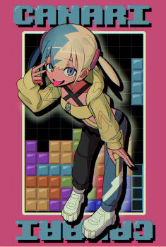 1girl absurdres aqua_hair blonde_hair blue_eyes breasts canari_(pokemon) character_name collarbone commentary_request drop_shadow eyelashes fingernails full_body grey_pants highres hiuhhhhhh hood hood_down hooded_jacket jacket long_sleeves mega_stone multicolored_hair nintendo open_mouth orange_hair pants pink_background pokemon pokemon_legends:_z-a shoes smile solo split-color_hair teeth tetris tongue tongue_out twintails upper_teeth_only white_shoes yellow_jacket zipper