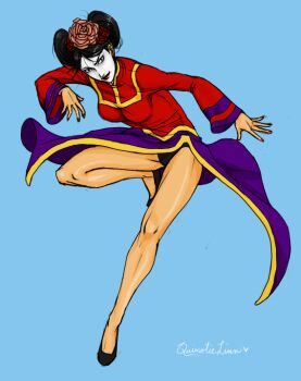 1girl black_panties breasts cheshire_(dc) china_dress chinese_clothes dc_comics dress facepaint full_body hair_bun hair_ornament looking_at_viewer medium_breasts multicolored_dress panties purple_dress red_dress solo spartichi underwear yellow_dress young_justice