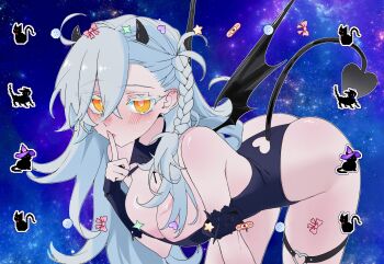 Rule 34 | 1girl, alternate costume, animal, antenna hair, artist request, ass, backlightshue, black cat, black horns, black leotard, blush, braid, breasts, cat, check artist, cleavage, commentary request, crossed bangs, demon horns, demon tail, demon wings, fake horns, fake wings, fate/grand order, fate (series), hair between eyes, halloween, halloween costume, highres, horns, korean commentary, large breasts, leotard, long hair, looking at viewer, olga marie animusphere, simple background, strapless, strapless leotard, tail, wings, yellow eyes