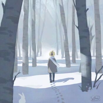 1boy ahoge alternate_costume blonde_hair blue_pants blue_scarf brown_shoes buon_zzz coat commentary footprints forest from_behind full_body grey_coat headphones highres hugo_vlad male_focus nature outdoors pants rabbit scarf shadow shoes signature solo symbol-only_commentary winter zenless_zone_zero