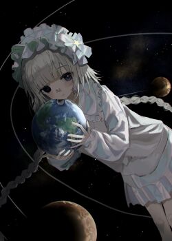 1girl bandaid bandaid_on_face bandaid_on_nose black_background blue_eyes blue_skirt blunt_bangs bonnet braid chewing choker closed_mouth earth_(planet) eating feet_out_of_frame frilled_choker frilled_shirt_collar frills giant giantess grey_hair hayu_(hayu0305) highres holding_planet long_hair long_sleeves looking_at_viewer orbital_path original planet pleated_skirt revision simple_background skirt solar_system solo space star_(symbol) sweater twin_braids twintails very_long_hair white_choker white_sweater