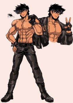 1boy bara black_hair boots fingerless_gloves gloves gz_nag jacket male_focus muscular muscular_male nipples original pants peace_symbol solo topless_male
