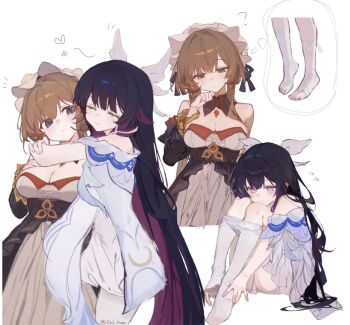 2girls adjusting_clothes adjusting_legwear barefoot black_dress black_hair blue_eyes breasts brown_hair cleavage closed_eyes colored_inner_hair columbina_(genshin_impact) dress flying_sweatdrops genshin_impact gloves hand_up hashtag-only_commentary highres hug long_hair multicolored_hair multiple_girls multiple_views pantyhose purple_eyes purple_hair sandrone_(genshin_impact) simple_background sui_h2so very_long_hair white_background white_dress white_gloves white_pantyhose