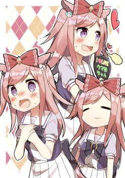1girl :d @_@ absurdres agnes_digital_(umamusume) alternate_eye_color animal_ears argyle_background blush bow closed_eyes commentary_request hair_bow hair_ornament hand_fan heart highres holding holding_fan horse_ears horse_girl horse_tail horseshoe_ornament long_hair looking_at_viewer multiple_views open_mouth pink_hair puff_of_air puffy_short_sleeves puffy_sleeves purple_bow purple_eyes purple_shirt red_bow sailor_collar sakura_nagi school_uniform shirt short_sleeves simple_background skirt smile sweat tail tracen_school_uniform translation_request two_side_up umamusume white_sailor_collar white_skirt