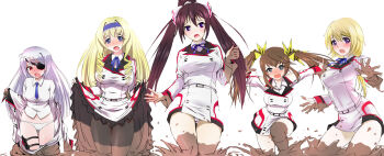 10s 5girls blonde_hair blue_bow blue_bowtie blue_eyes blue_necktie blush bow bowtie brown_hair cecilia_alcott charlotte_dunois cleft_of_venus clothes_lift drill_hair eyepatch fangs hair_ribbon highres huang_lingyin infinite_stratos laura_bodewig long_hair mud multiple_girls necktie onsen_tengoku open_mouth panties pantyhose ponytail purple_eyes red_eyes ribbon school_uniform shinonono_houki silver_hair skirt skirt_lift twintails underwear