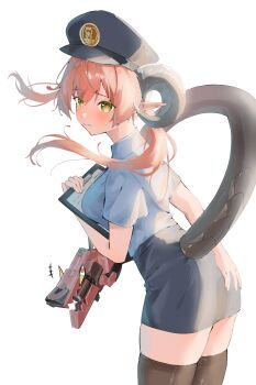 +++ 1girl 1other absurdres alternate_costume ass black_horns black_skirt blue_shirt blush breast_press breasts brown_thighhighs closed_mouth commentary_request cowboy_shot curled_horns dragon_girl dragon_horns from_side green_eyes gun hair_between_eyes hand_on_own_ass hat high-waist_skirt highres holding holding_notepad horns ikura_motimoti leaning_forward long_hair looking_at_viewer magus_(zenless_zone_zero) mechanical_horns mechanical_tail medium_breasts notepad orange_hair orange_pupils orphie_magnusson paper pencil_skirt pointy_ears police police_hat police_uniform policewoman revision shirt shirt_tucked_in simple_background skirt sweatdrop tail thighhighs twintails weapon white_background zenless_zone_zero