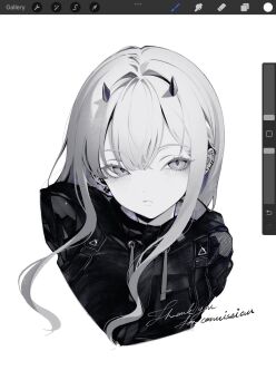 1girl art_program_in_frame closed_mouth commentary commission cropped_shoulders diamond-shaped_pupils diamond_(shape) double-parted_bangs ear_piercing earrings greyscale highres jewelry long_hair looking_at_viewer monochrome original piercing siiar_(lvlcmxcix) simple_background single_earring small_horns solo symbol-shaped_pupils white_background