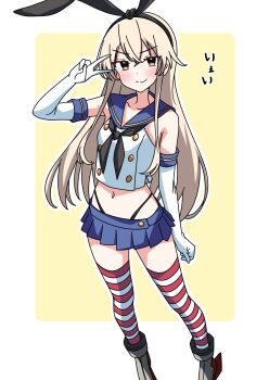 1girl black_hairband black_neckerchief black_panties blonde_hair blue_sailor_collar blue_skirt commentary_request crop_top elbow_gloves full_body gloves grey_eyes hairband highleg highleg_panties highres kantai_collection long_hair microskirt miniskirt motti_(motthi0711) neckerchief panties pleated_skirt rudder_footwear sailor_collar shimakaze_(kancolle) shirt skirt sleeveless sleeveless_shirt solo standing striped_clothes striped_thighhighs thighhighs underwear white_gloves yellow_background