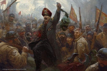 6+boys alien amputee armageddon_steel_legion artificial_eye astra_militarum badge cheering claws coat commentary commissar_(warhammer_40k) english_commentary goggles goggles_on_headwear hat helmet holding holding_detached_head mask mechanical_arms mechanical_eye multiple_boys non-humanoid_robot open_mouth orc ork_(warhammer) peaked_cap respirator robot sebastian_yarrick servo-skull severed_head single_mechanical_arm single_mechanical_eye soldier tibz-ollier trench_coat warhammer_40k