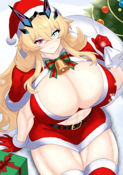 1girl abs absurdres barghest_(fate) bell belt blonde_hair blush bow bowtie box bra breasts capelet christmas_tree cleavage commentary_request fate/grand_order fate_(series) fur_trim gift gift_box gloves green_eyes hat heterochromia highres horns huge_breasts jingle_bell long_hair looking_at_viewer miniskirt muscular muscular_female red_bra red_capelet red_eyes red_gloves red_hat red_skirt red_thighhighs sack santa_costume santa_hat skirt smile solo thick_thighs thighhighs thighs underwear yom_(yom4_e)