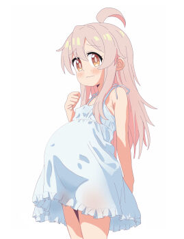 1girl absurdres big_belly blush breasts clenched_hand cowboy_shot dress embarrassed flatculture frills genderswap genderswap_(mtf) highres loli long_hair looking_at_viewer official_style onii-chan_wa_oshimai! orange_eyes oyama_mahiro pink_hair pregnant small_breasts standing sundress white_background