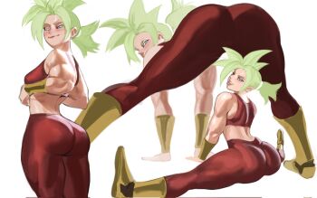 1girl ass commentary crop_top dragon_ball dragon_ball_super english_commentary green_hair highres huge_ass kefla_(dragon_ball) legendary_super_saiyan mashingvaquita muscular muscular_female saiyan solo spiked_hair super_saiyan thick_thighs thighs