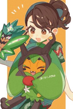 1girl asymmetrical_hair blush brown_eyes brown_hair closed_eyes commentary_request fangs green_shirt green_shorts highres holding holding_mask juliana_(pokemon) mask nintendo ogerpon ogerpon_(teal_mask) open_mouth pokemon pokemon_(creature) pokemon_sv print_shirt print_shorts shirt short_sleeves shorts smile sumeragi1101