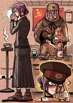 1girl absurdres adidas blush chainsaw_man cheese cup food fur_hat green_eyes hair_between_eyes hammer_and_sickle hansoom_(latebirdwakeup) hat highres kino_(band) long_hair_between_eyes long_skirt military_hat pouring purple_hair red_flag red_star reze_(chainsaw_man) russia russian_clothes skirt smile soviet soviet_flag sportswear star_(symbol) tea track_suit