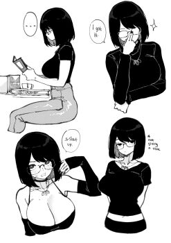 ... absurdres adjusting_eyewear arm_warmers bare_shoulders bob_cut breasts bright_pupils choker cleavage collarbone desyana_laurentia embarrassed english_text from_side glasses highres jewelry large_breasts looking_at_viewer midriff_peek mole mole_on_breast multiple_views necklace norman_maggot original pants reading simple_background sitting speech_bubble spoken_ellipsis swept_bangs white_background