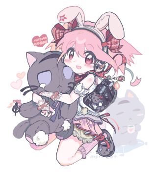 1girl akemi_homura alternate_costume animal-themed_footwear animal_ear_headphones animal_ears arm_bow artist_name bag belt_buckle black_background black_bag black_shoes bloomers blush bow bowtie bridal_gauntlets buckle buttons character_name dot_nose fake_animal_ears fashion floppy_ears frilled_socks frills full_body grief_seed hair_bow headphones heart heart_button heart_print highres holding holding_stuffed_toy kaname_madoka kerimka31328031 kneehighs looking_at_viewer mahou_shoujo_madoka_magica mahou_shoujo_madoka_magica_(anime) mary_janes microskirt open_mouth pink_eyes pink_hair pink_skirt pink_socks plaid_bow pleated_skirt polka_dot polka_dot_scarf purple_bow purple_bowtie rabbit_ears red_bow red_ribbon red_scarf ribbon scarf school_bag shirt shoes short_hair short_twintails simple_background skirt sleeveless sleeveless_shirt smile socks solo star_(symbol) star_sticker sticker sticker_on_ear striped_clothes striped_socks stuffed_animal stuffed_cat stuffed_toy stuffing twintails underwear vertical-striped_clothes vertical-striped_socks white_background white_bloomers white_bow white_bridal_gauntlets white_shirt wrist_ribbon