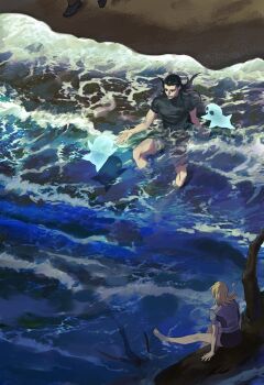 1boy 1girl 3others aleph_(megami_tensei) barefoot black_hair black_shirt commentary_request demon_(megami_tensei) feet_out_of_frame floating_hair hiroko_(megami_tensei) long_hair multiple_others o_c_x ocean partially_submerged sand shin_megami_tensei shin_megami_tensei_ii shirt sitting water waves