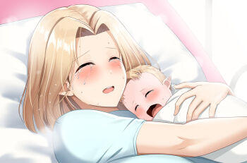 2girls baby blonde_hair borrowed_character close-up closed_eyes crying daien elf happy hug mother_and_daughter multiple_girls on_bed original pillow pointy_ears tears