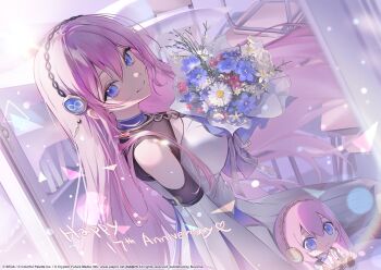 1girl bbony_0_0 blue_eyes blue_flower bouquet character_doll closed_mouth commentary_request company_name copyright_notice doll flower hair_between_eyes happy_anniversary heart highres holding holding_bouquet infinity_symbol kimi_to_sekai_no_hajimari_de_(project_sekai) korean_commentary leo/need_luka long_hair megurine_luka official_alternate_costume official_art pink_hair project_sekai red_flower second-party_source smile solo stuffed_toy triangle very_long_hair vocaloid white_flower