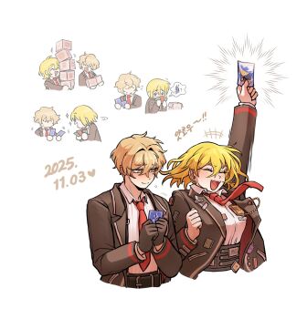 1boy 1girl black_gloves black_suit blonde_hair blush card closed_eyes closed_mouth collared_shirt couple cowboy_shot dated don_quixote_(project_moon) formal_clothes gloves hand_up heart hetero highres jacket limbus_company necktie noxnosk open_mouth playing_card project_moon red_necktie shirt short_hair simple_background sinclair_(project_moon) smile sparkle suit upper_body white_background white_shirt