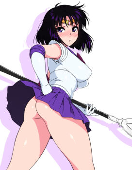 1girl ass bishoujo_senshi_sailor_moon black_hair blush breasts clothes_lift elbow_gloves female_focus from_behind gloves highres holding holding_polearm holding_spear holding_weapon jewelry jinroku large_breasts looking_back magical_girl no_panties open_mouth polearm purple_eyes purple_skirt sailor_collar sailor_saturn short_hair silence_glaive skirt skirt_lift solo spear standing tiara tomoe_hotaru upskirt weapon white_gloves wind wind_lift